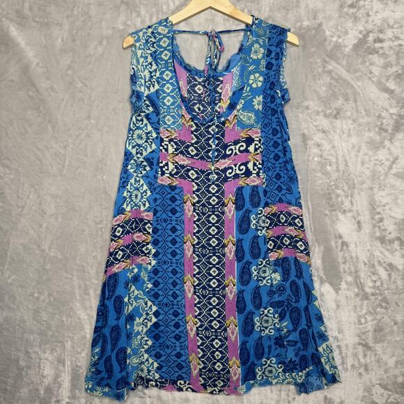 Holding Horses Shift Dress Womens XSP Blue Boho Patchwork Tie Back Anthropologie - Picture 2 of 10